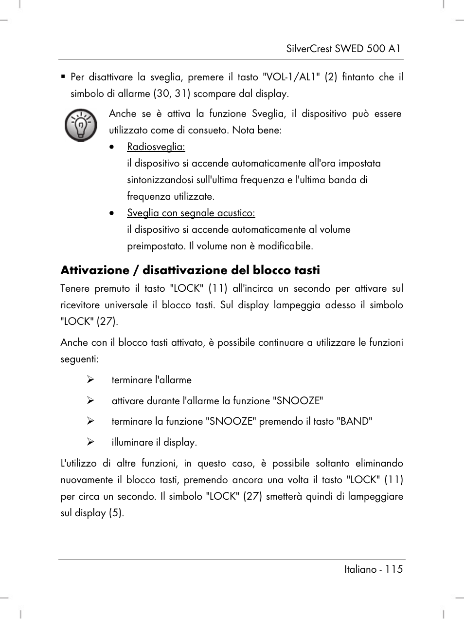 Attivazione / disattivazione del blocco tasti | Silvercrest SWED 500 A1 User Manual | Page 117 / 160