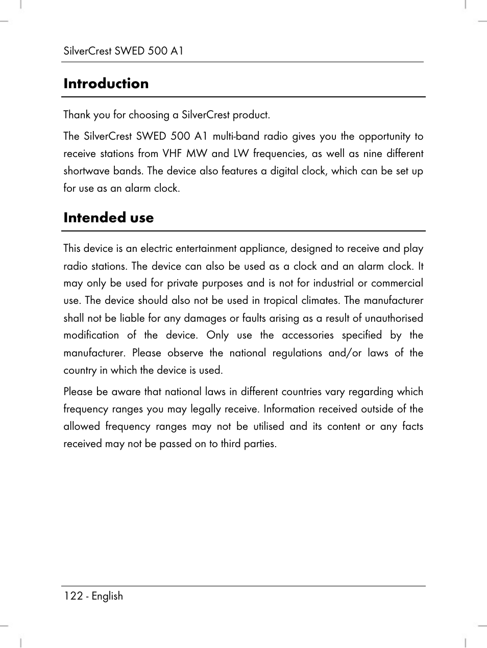 Introduction, Intended use | Silvercrest SWED 500 A1 User Manual | Page 124 / 160