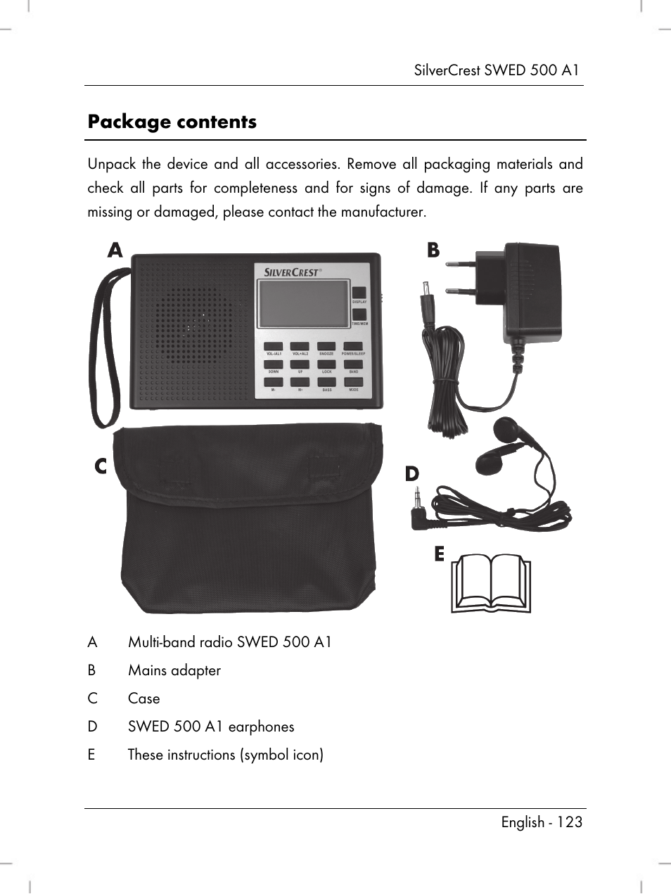 Package contents | Silvercrest SWED 500 A1 User Manual | Page 125 / 160