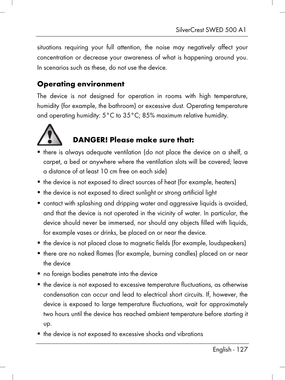 Operating environment, Danger! please make sure that | Silvercrest SWED 500 A1 User Manual | Page 129 / 160