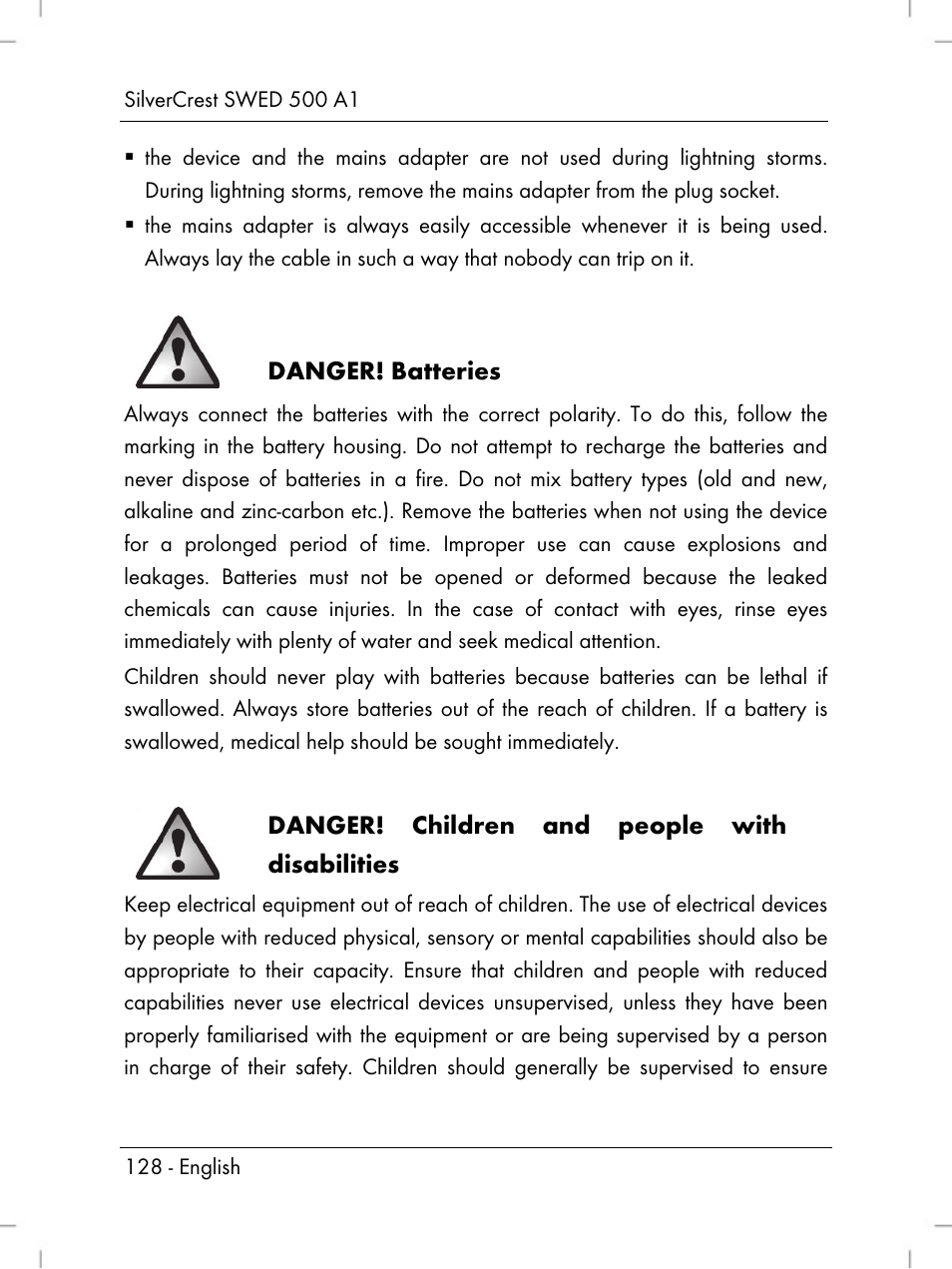 Danger! batteries, Danger! children and people with disabilities | Silvercrest SWED 500 A1 User Manual | Page 130 / 160