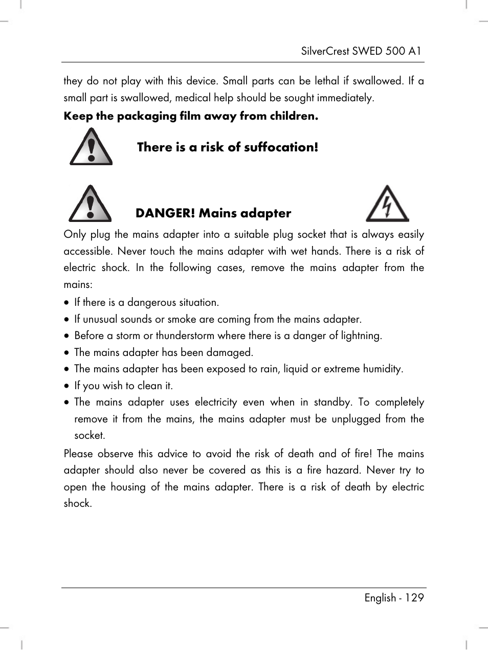 There is a risk of suffocation, Danger! mains adapter | Silvercrest SWED 500 A1 User Manual | Page 131 / 160