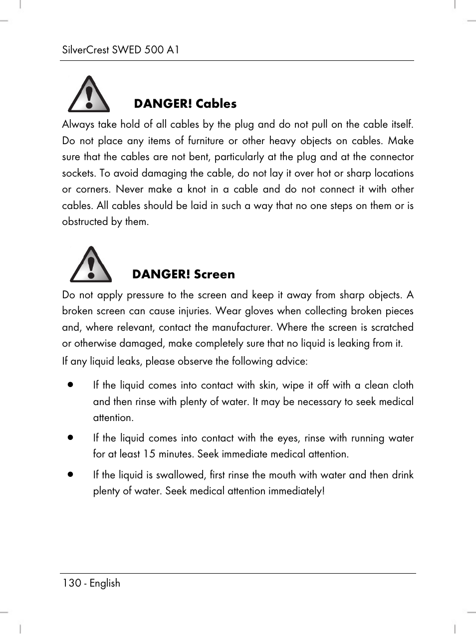 Danger! cables, Danger! screen | Silvercrest SWED 500 A1 User Manual | Page 132 / 160