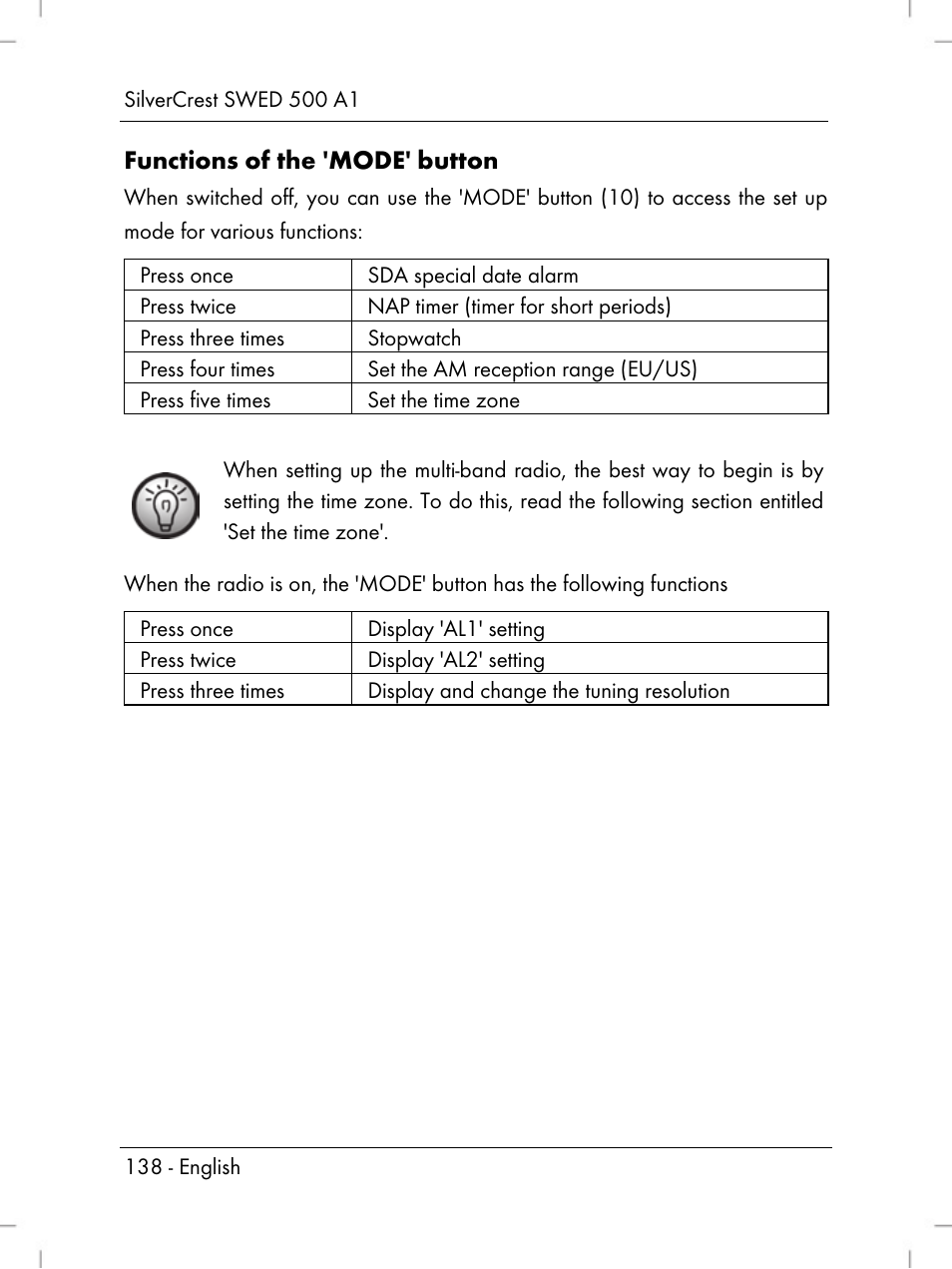 Functions of the 'mode' button | Silvercrest SWED 500 A1 User Manual | Page 140 / 160