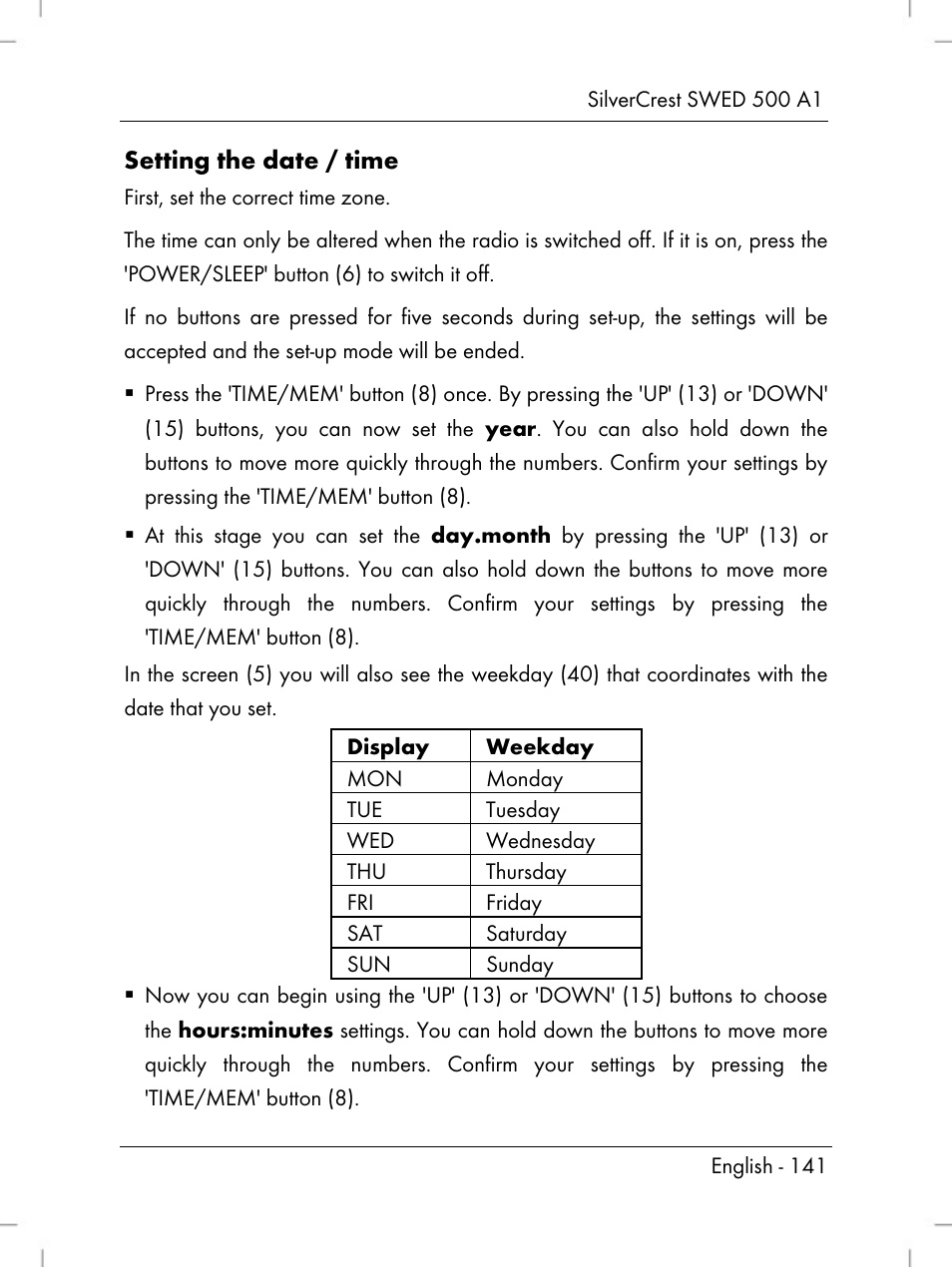 Setting the date / time | Silvercrest SWED 500 A1 User Manual | Page 143 / 160