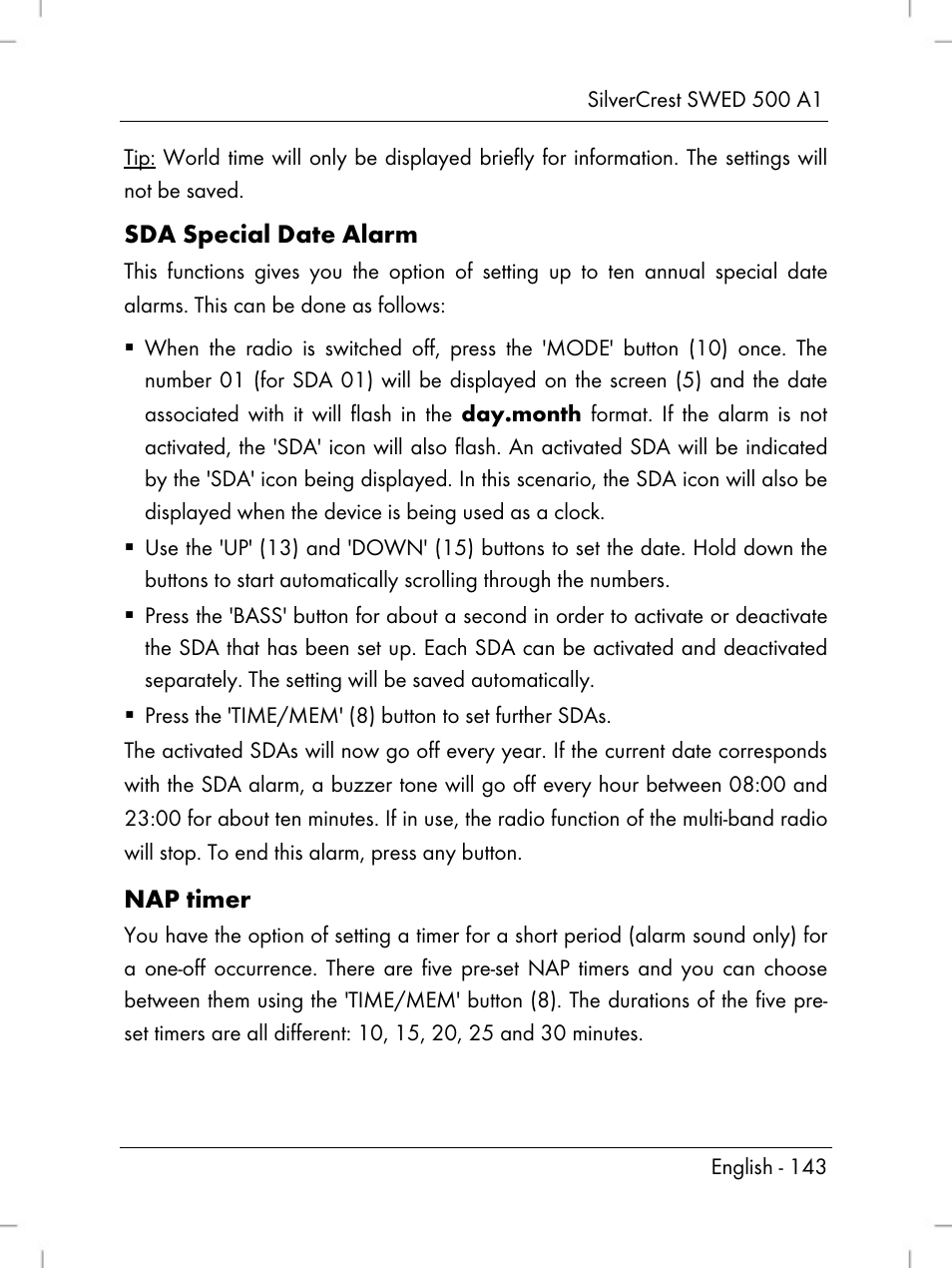 Sda special date alarm, Nap timer | Silvercrest SWED 500 A1 User Manual | Page 145 / 160