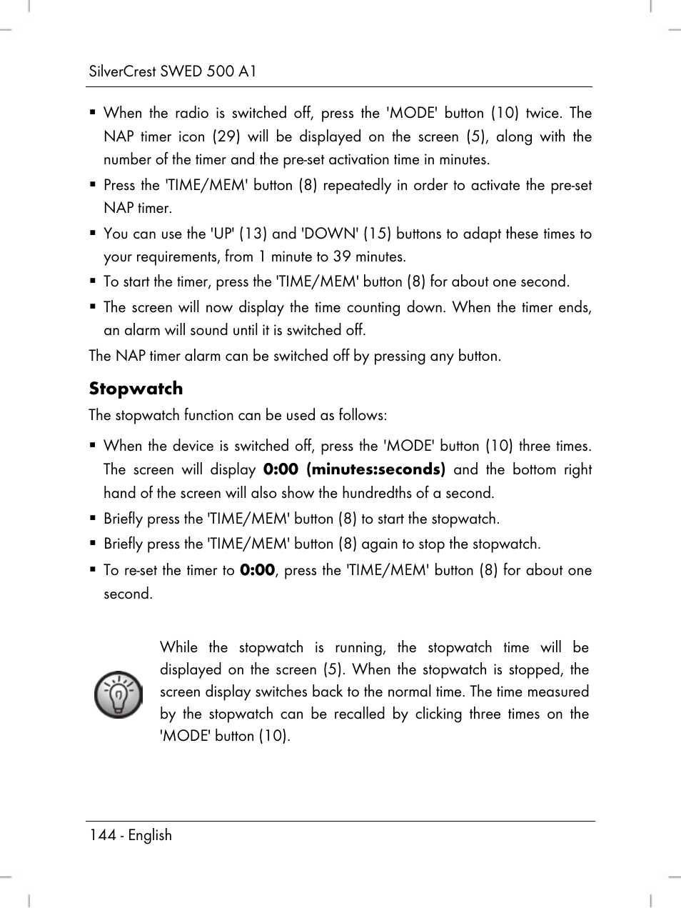 Stopwatch | Silvercrest SWED 500 A1 User Manual | Page 146 / 160