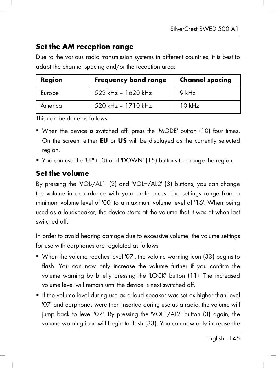 Set the am reception range, Set the volume | Silvercrest SWED 500 A1 User Manual | Page 147 / 160