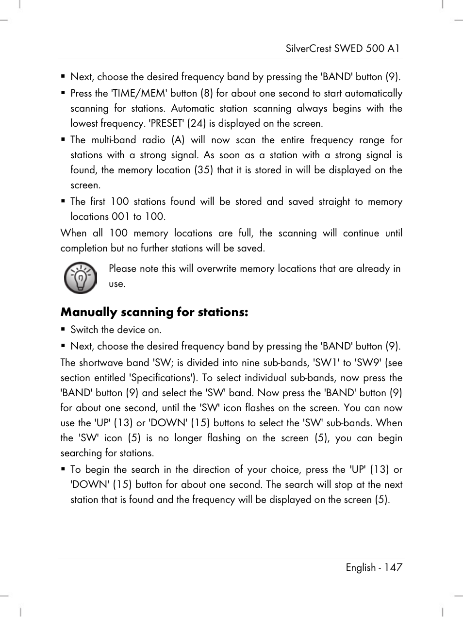 Manually scanning for stations | Silvercrest SWED 500 A1 User Manual | Page 149 / 160