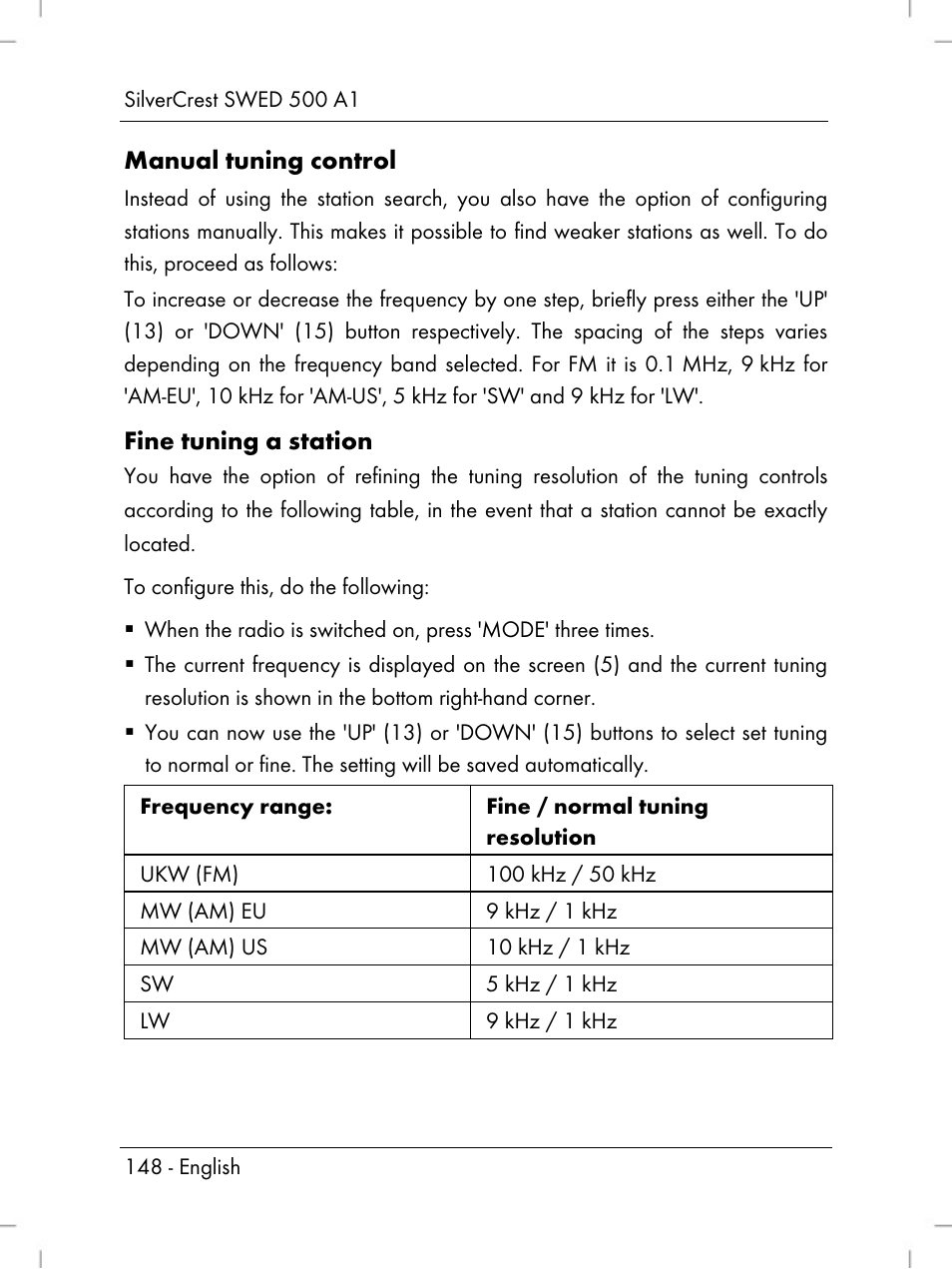 Manual tuning control, Fine tuning a station | Silvercrest SWED 500 A1 User Manual | Page 150 / 160