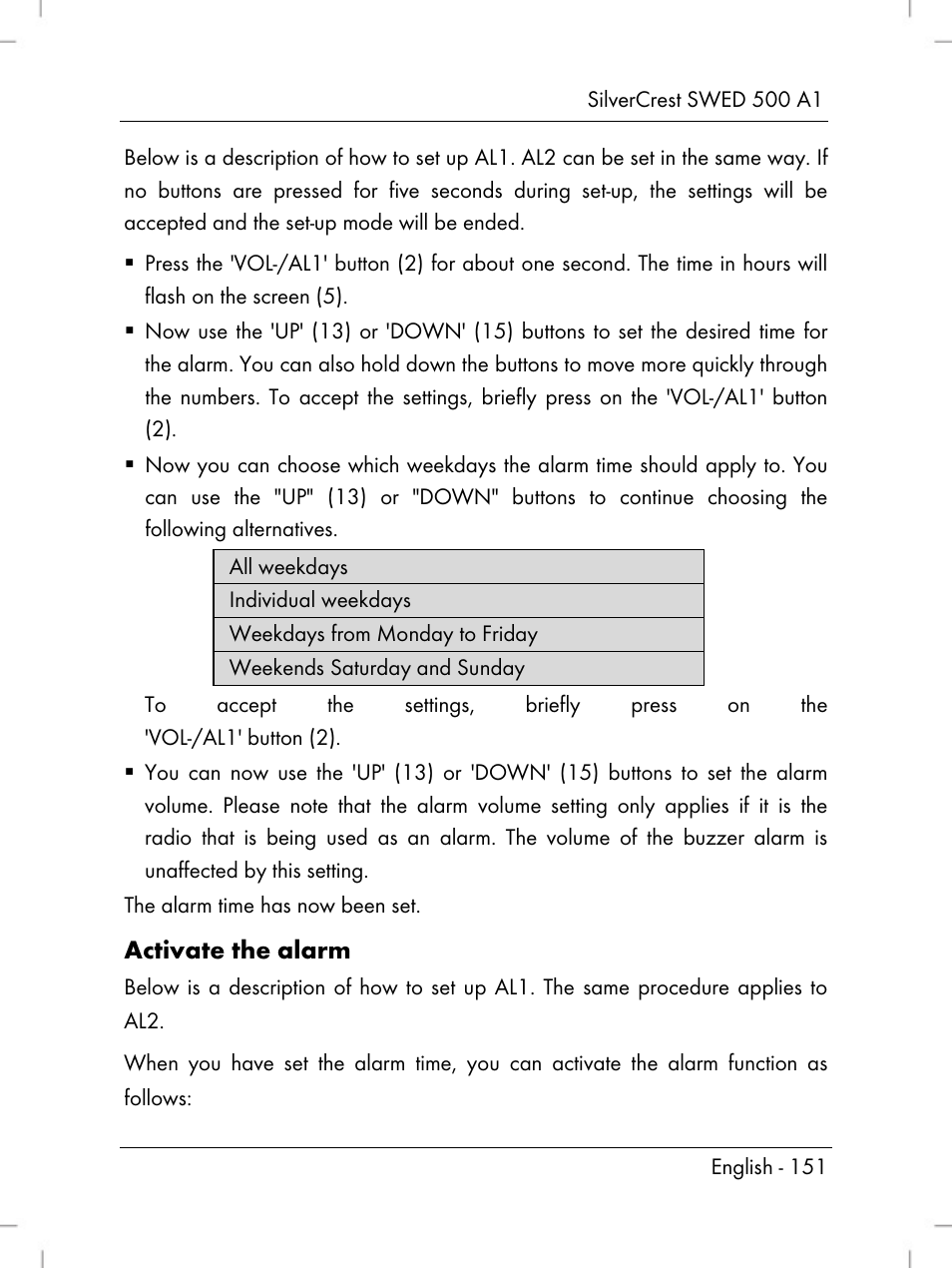 Activate the alarm | Silvercrest SWED 500 A1 User Manual | Page 153 / 160