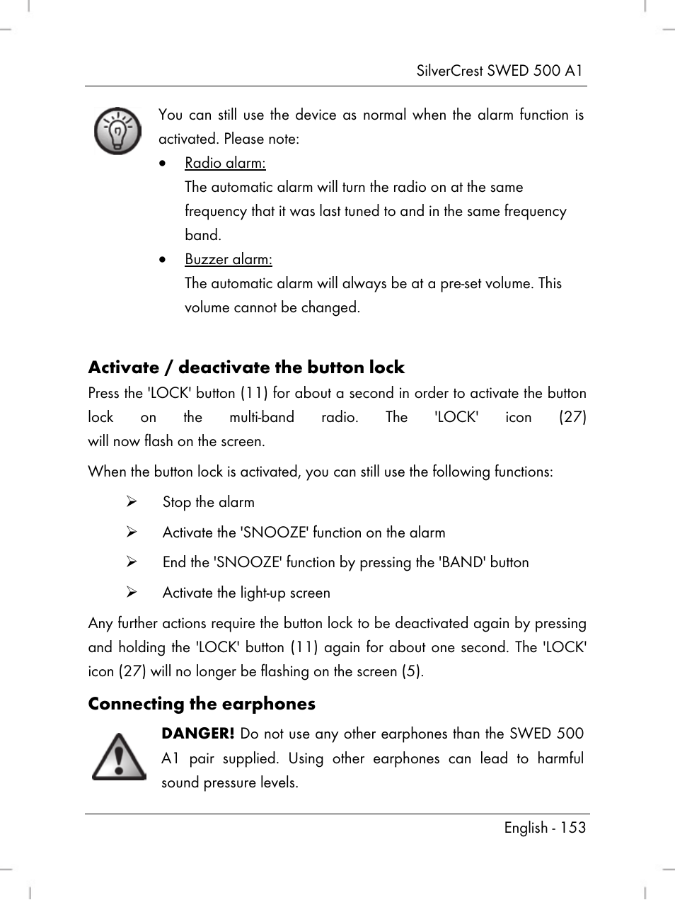 Activate / deactivate the button lock, Connecting the earphones | Silvercrest SWED 500 A1 User Manual | Page 155 / 160