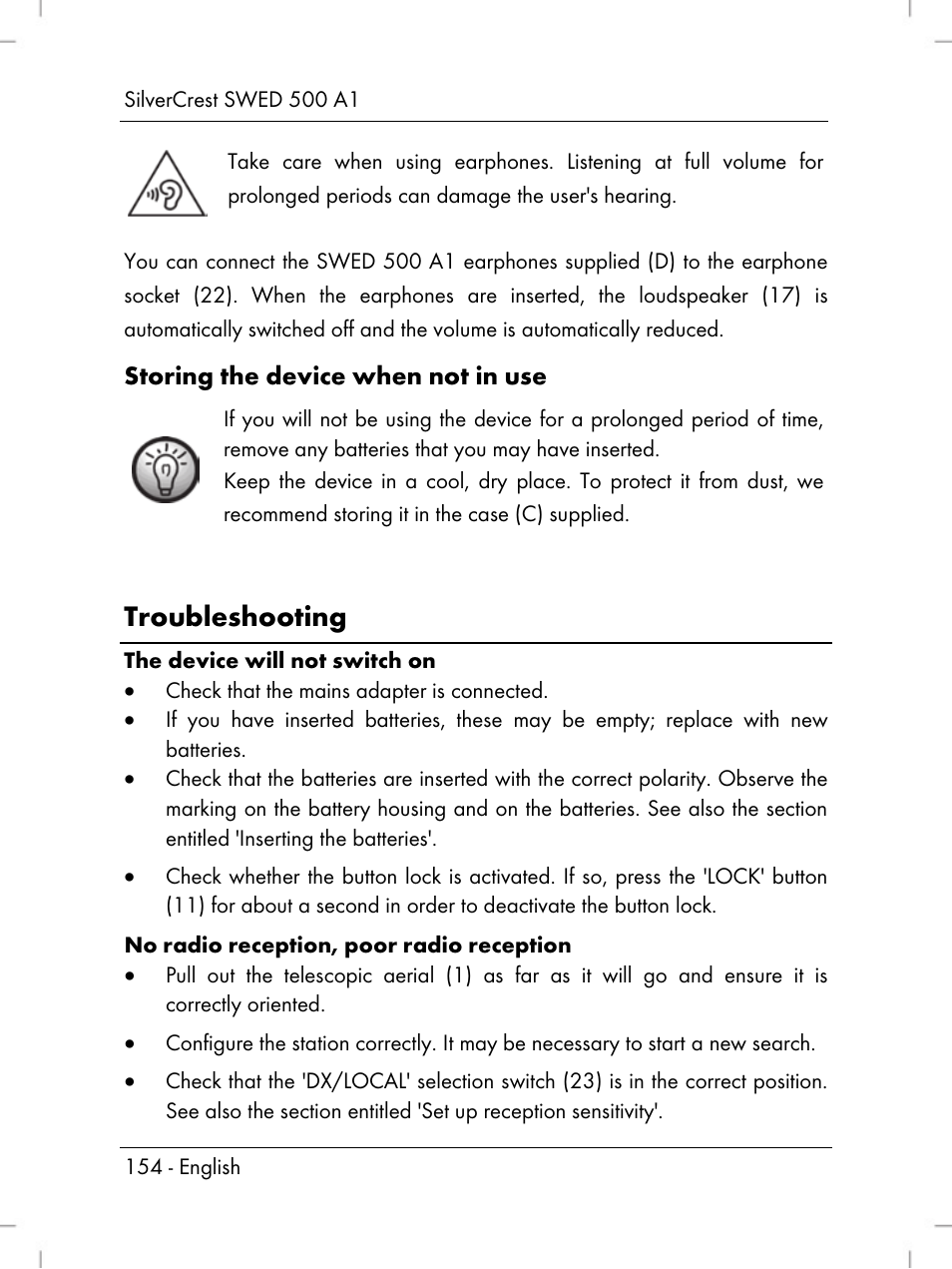 Troubleshooting, Storing the device when not in use | Silvercrest SWED 500 A1 User Manual | Page 156 / 160