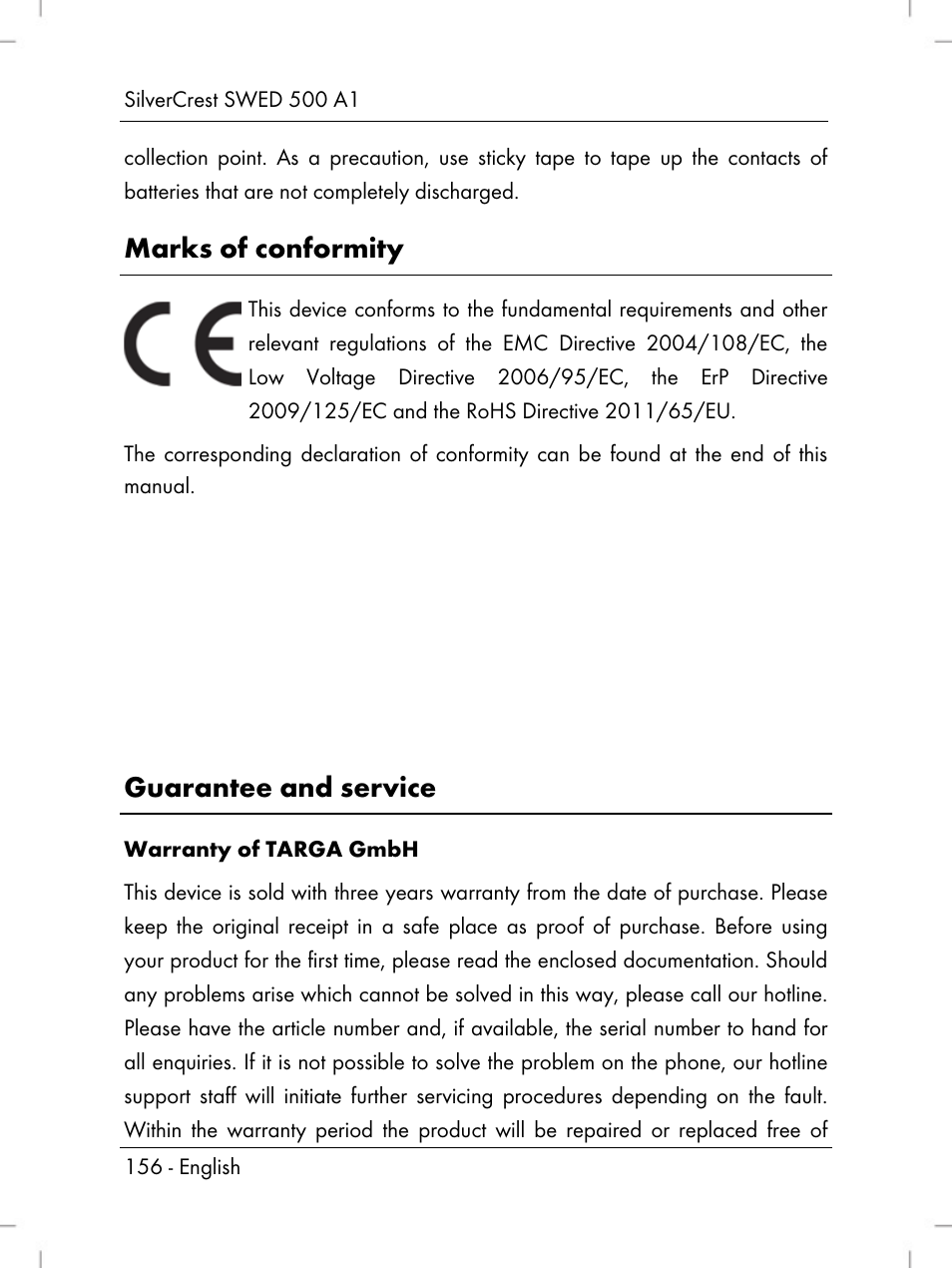 Marks of conformity, Guarantee and service | Silvercrest SWED 500 A1 User Manual | Page 158 / 160