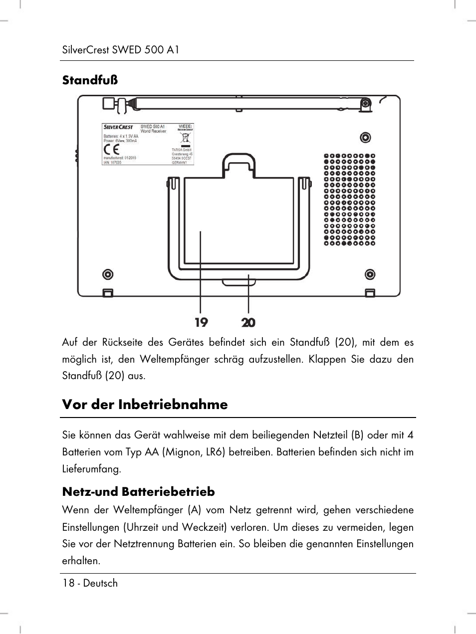 Vor der inbetriebnahme | Silvercrest SWED 500 A1 User Manual | Page 20 / 160