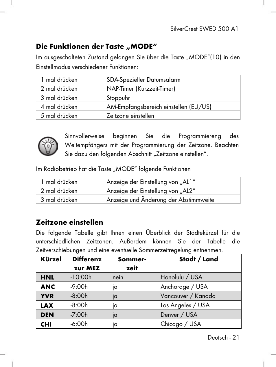 Die funktionen der taste „mode, Zeitzone einstellen | Silvercrest SWED 500 A1 User Manual | Page 23 / 160