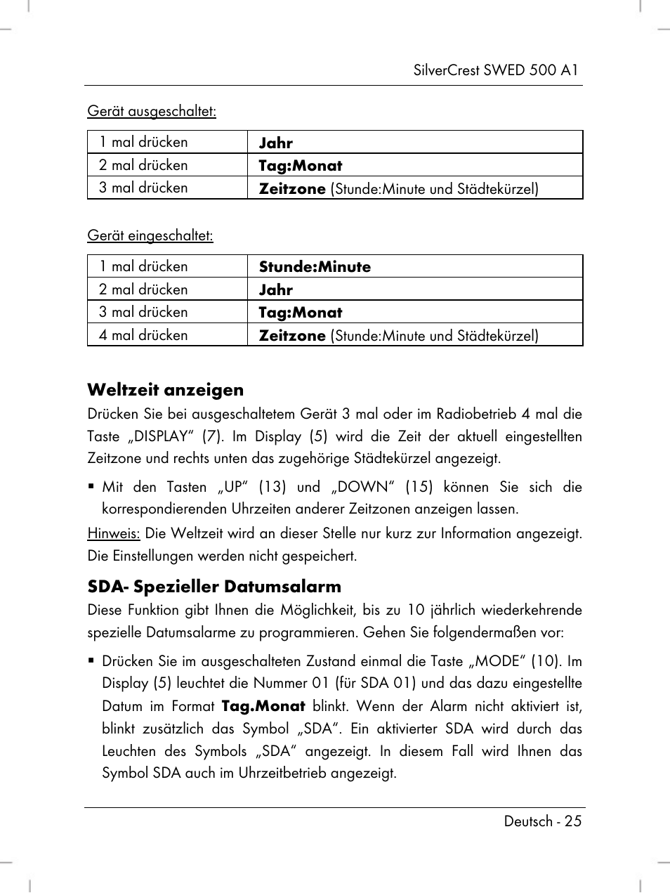 Weltzeit anzeigen, Sda- spezieller datumsalarm | Silvercrest SWED 500 A1 User Manual | Page 27 / 160