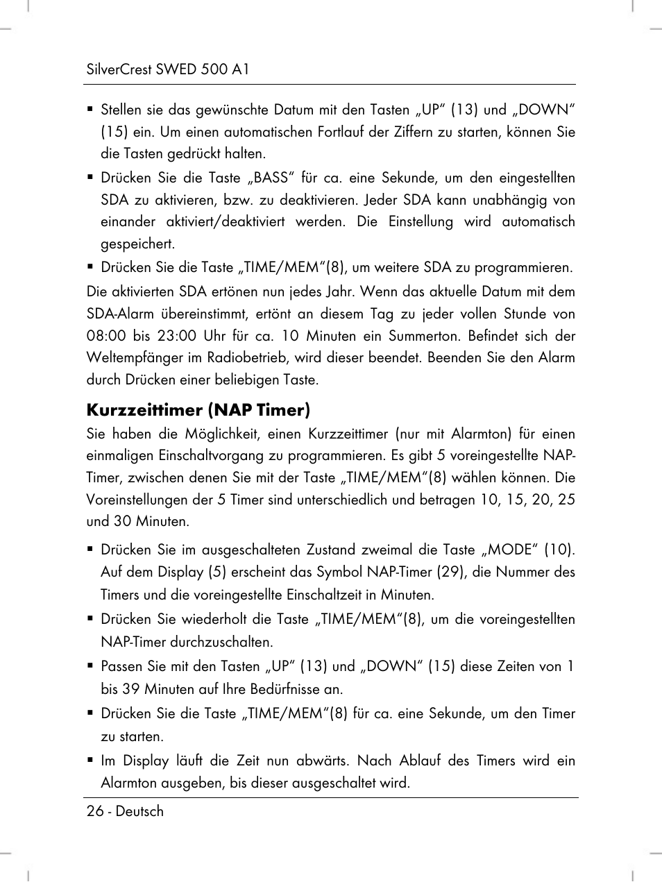 Kurzzeittimer (nap timer) | Silvercrest SWED 500 A1 User Manual | Page 28 / 160