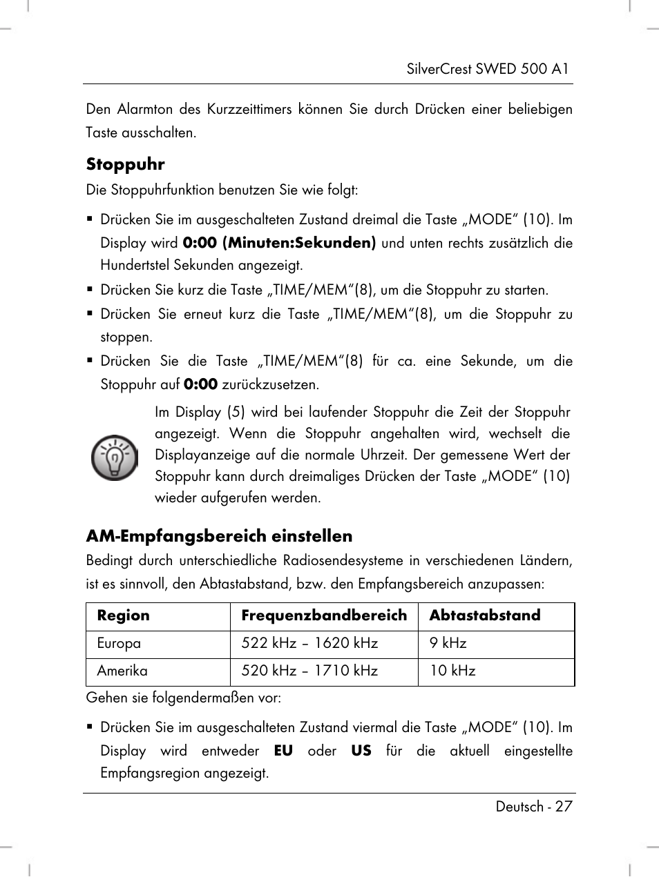 Stoppuhr, Am-empfangsbereich einstellen | Silvercrest SWED 500 A1 User Manual | Page 29 / 160