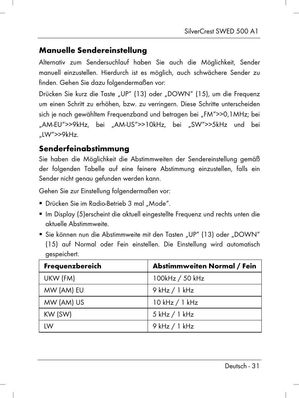 Manuelle sendereinstellung, Senderfeinabstimmung | Silvercrest SWED 500 A1 User Manual | Page 33 / 160