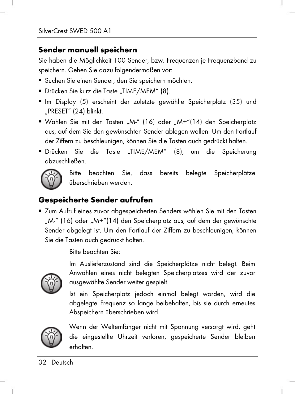 Sender manuell speichern, Gespeicherte sender aufrufen | Silvercrest SWED 500 A1 User Manual | Page 34 / 160