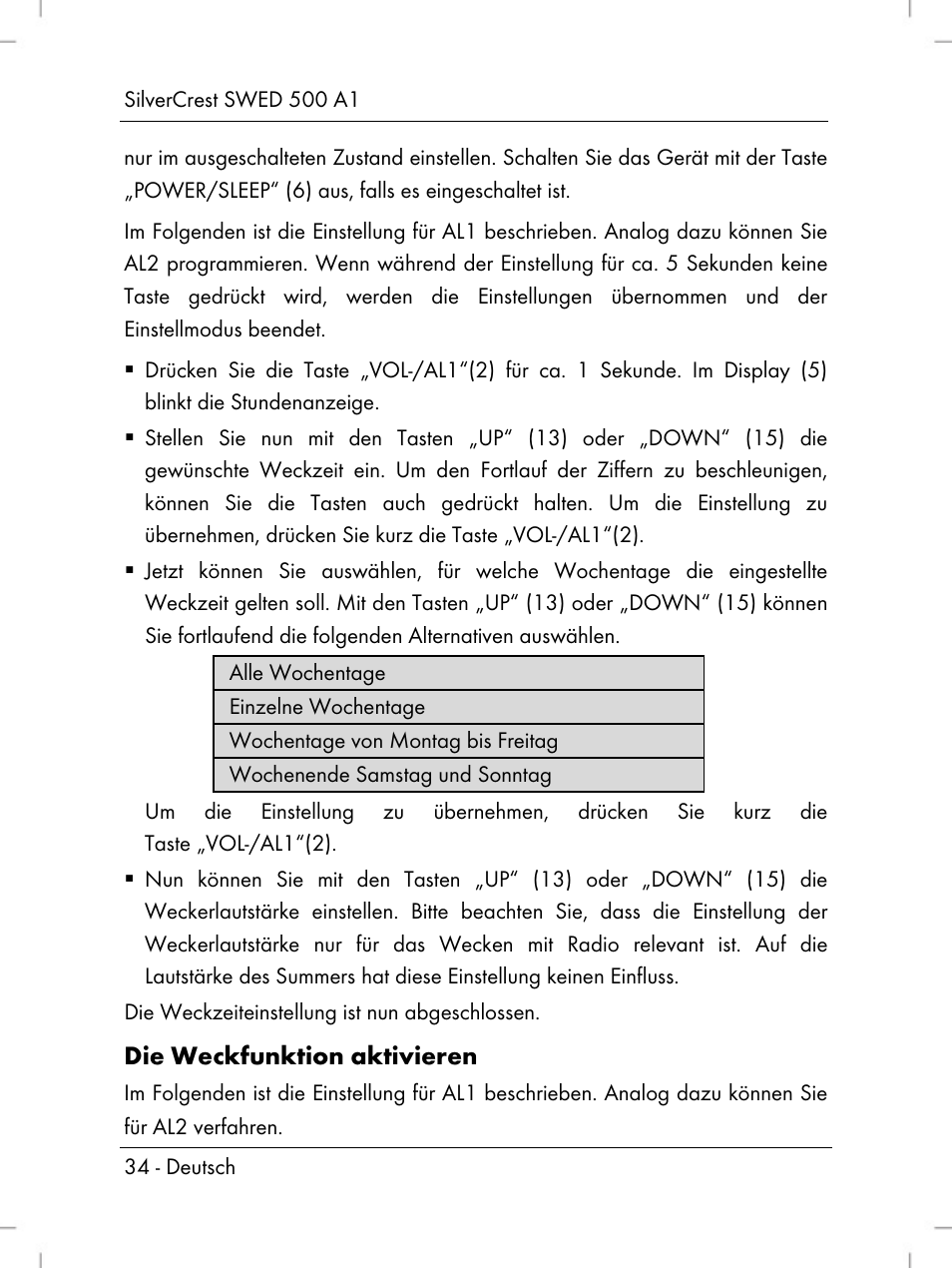 Die weckfunktion aktivieren | Silvercrest SWED 500 A1 User Manual | Page 36 / 160