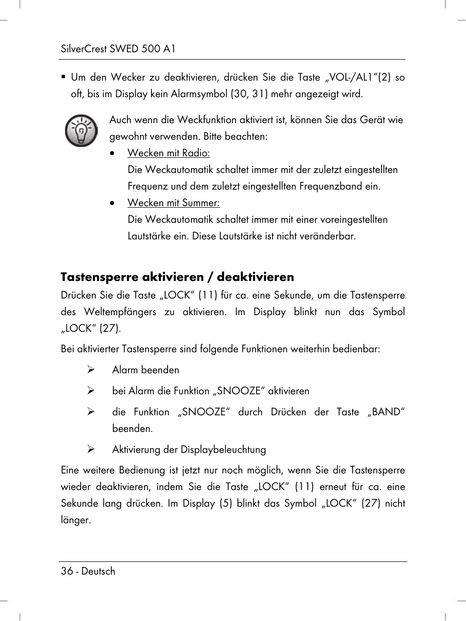 Tastensperre aktivieren / deaktivieren | Silvercrest SWED 500 A1 User Manual | Page 38 / 160