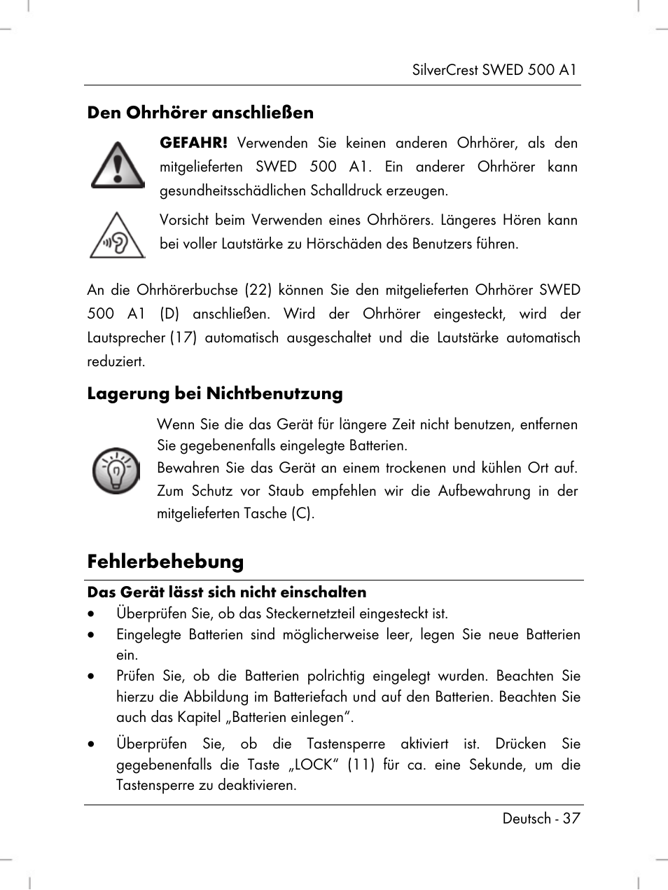 Fehlerbehebung | Silvercrest SWED 500 A1 User Manual | Page 39 / 160