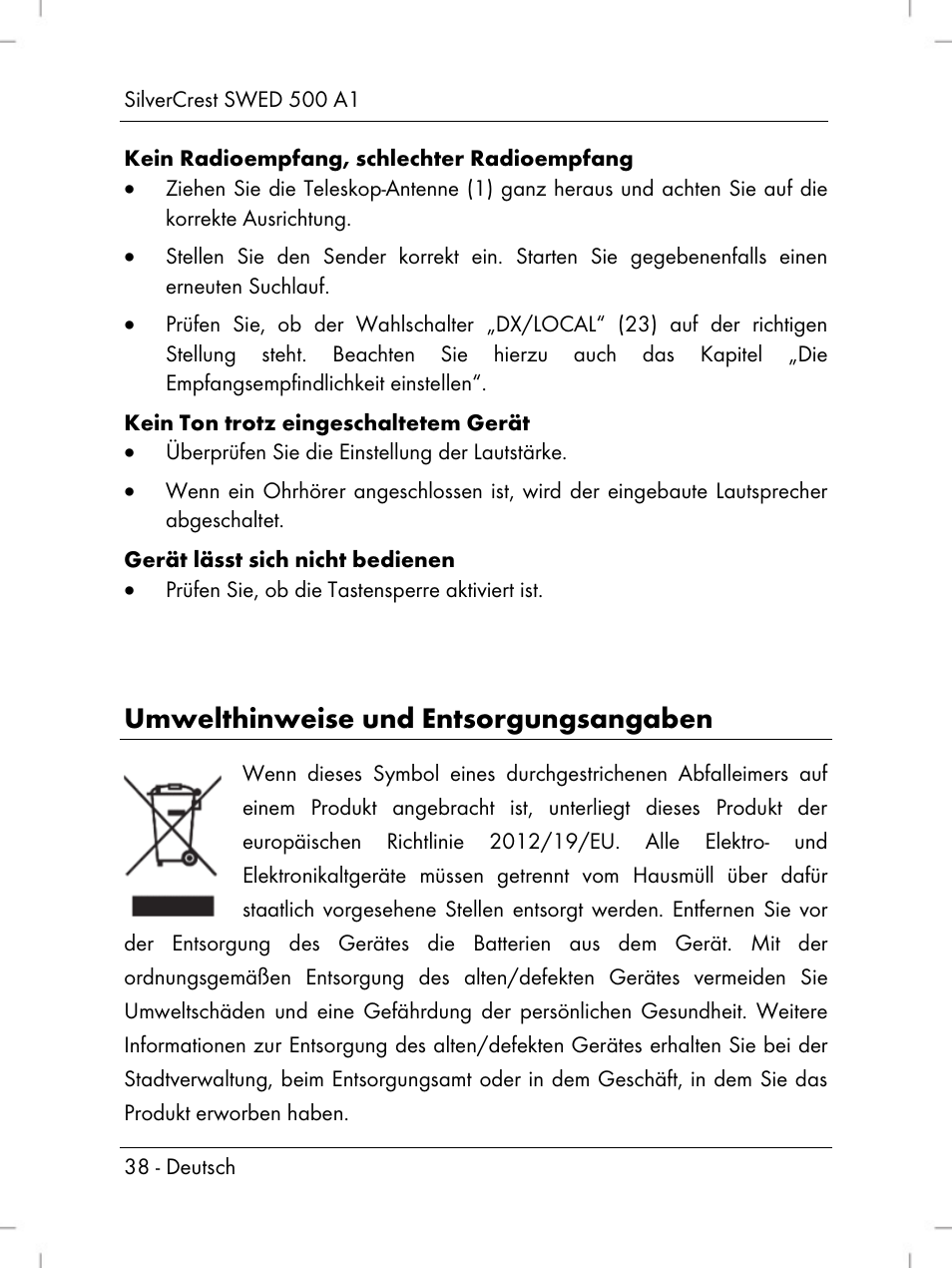 Umwelthinweise und entsorgungsangaben | Silvercrest SWED 500 A1 User Manual | Page 40 / 160