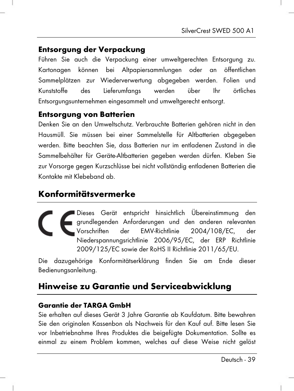 Konformitätsvermerke, Hinweise zu garantie und serviceabwicklung | Silvercrest SWED 500 A1 User Manual | Page 41 / 160