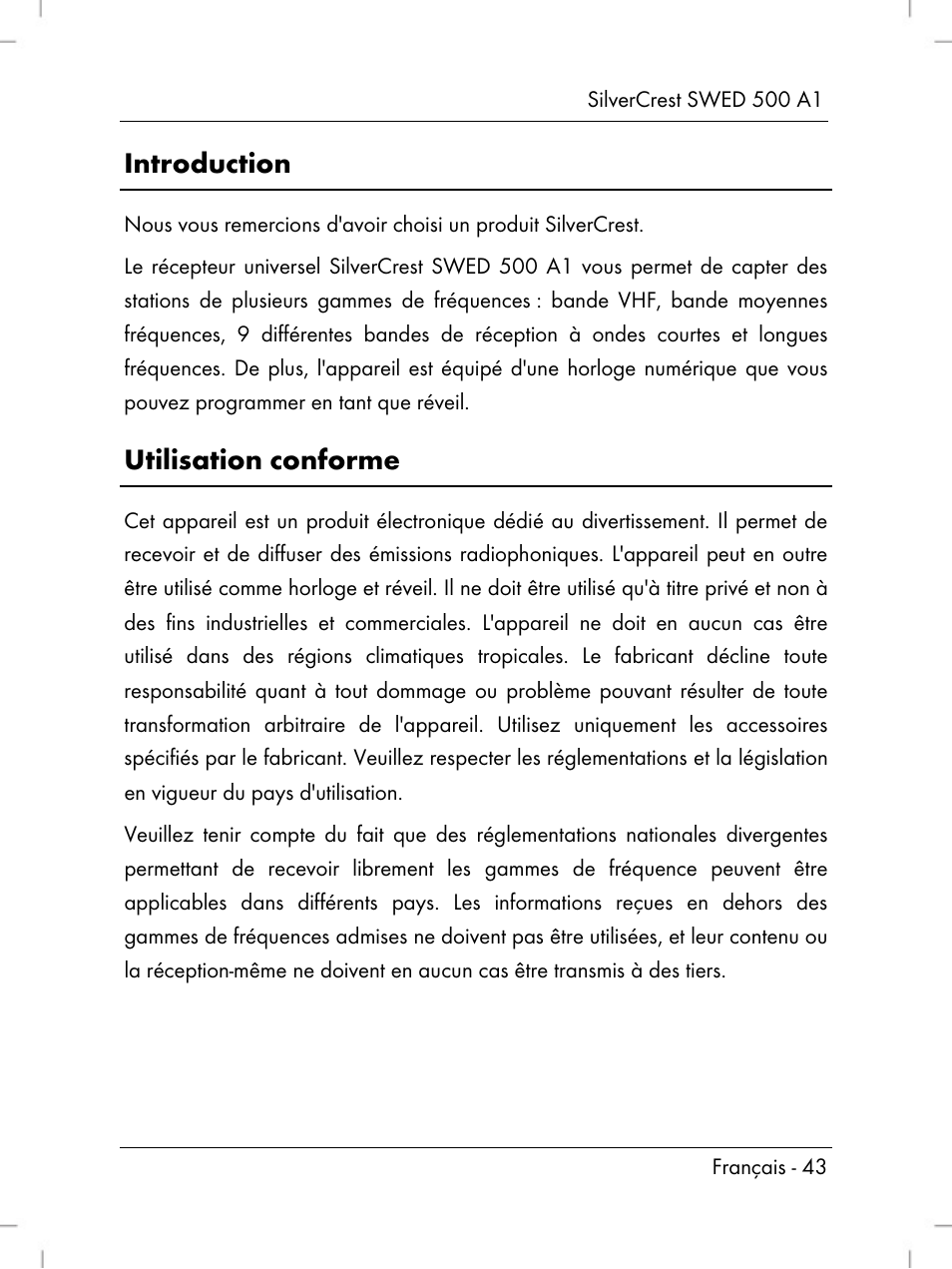 Introduction, Utilisation conforme | Silvercrest SWED 500 A1 User Manual | Page 45 / 160