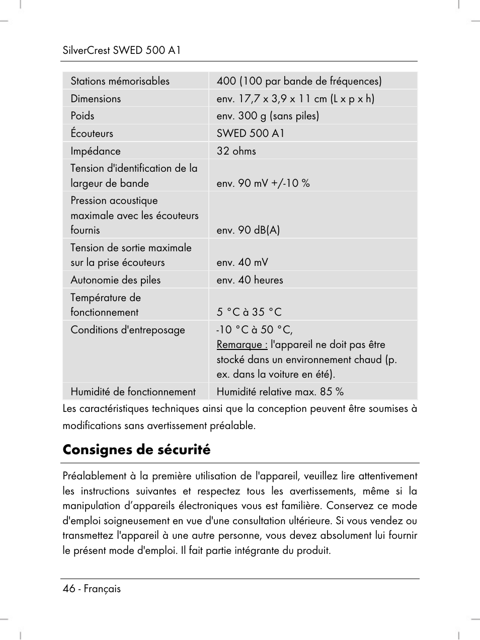 Consignes de sécurité | Silvercrest SWED 500 A1 User Manual | Page 48 / 160