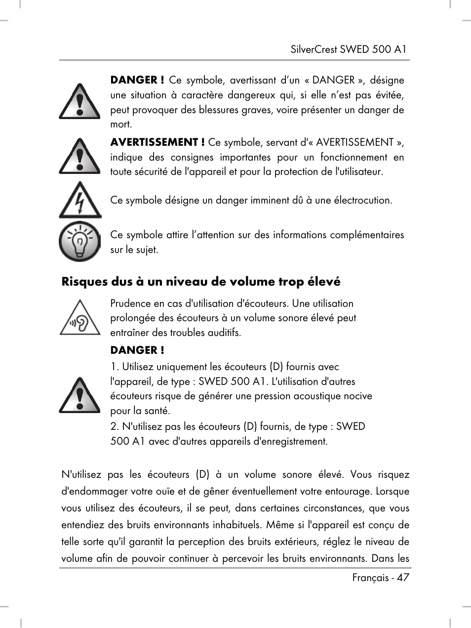 Risques dus à un niveau de volume trop élevé | Silvercrest SWED 500 A1 User Manual | Page 49 / 160