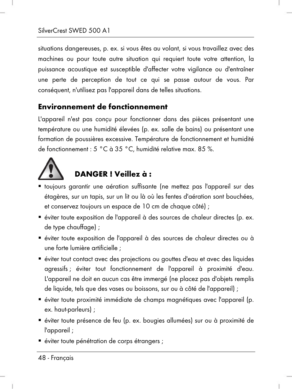 Environnement de fonctionnement, Danger ! veillez à | Silvercrest SWED 500 A1 User Manual | Page 50 / 160