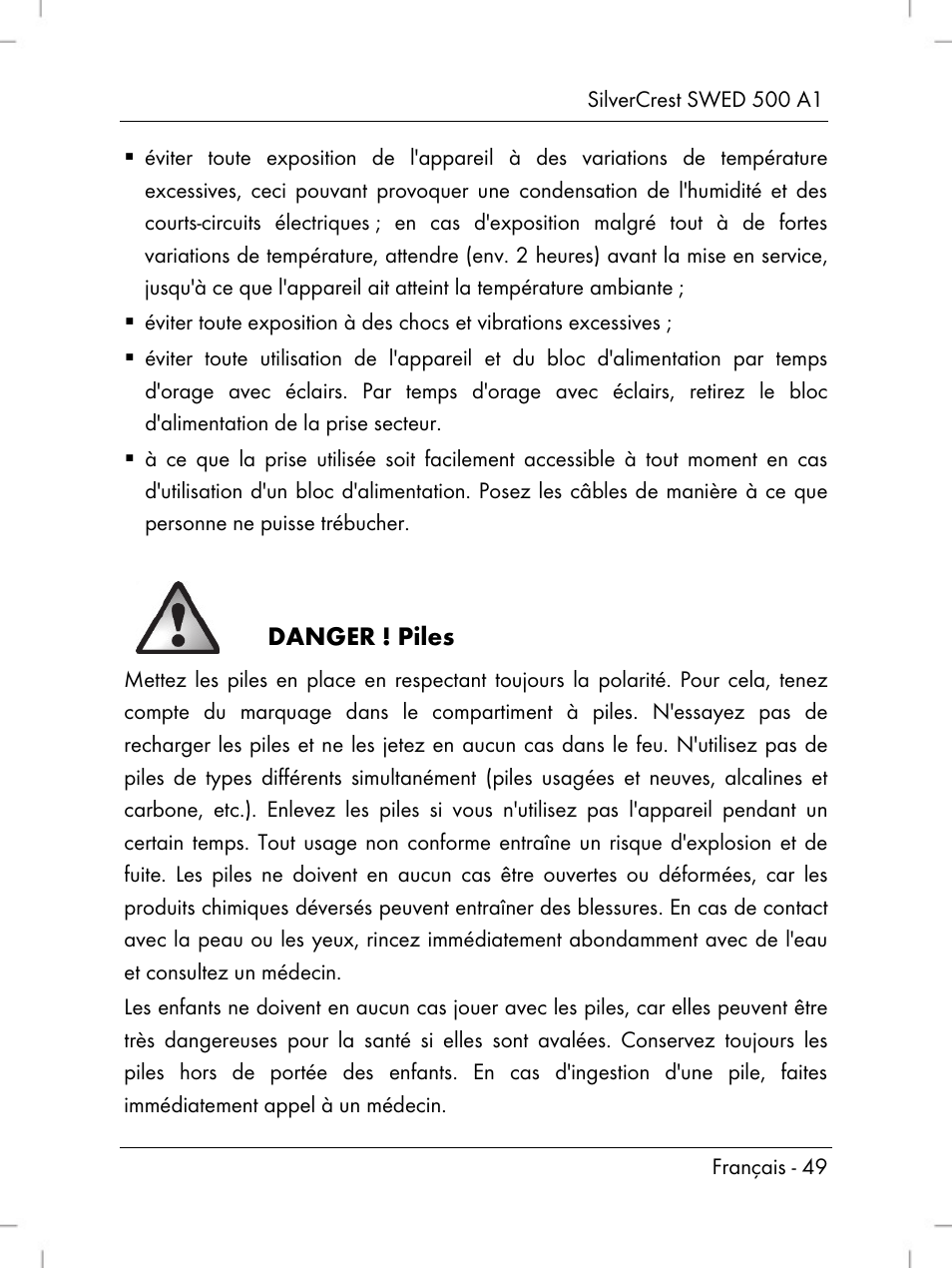 Danger ! piles | Silvercrest SWED 500 A1 User Manual | Page 51 / 160