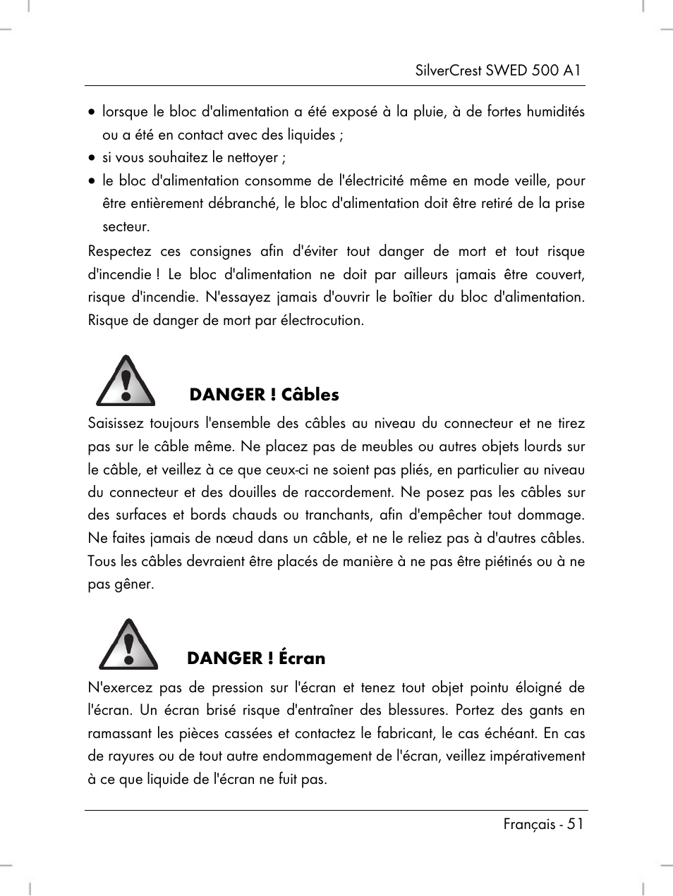 Danger ! câbles, Danger ! écran | Silvercrest SWED 500 A1 User Manual | Page 53 / 160