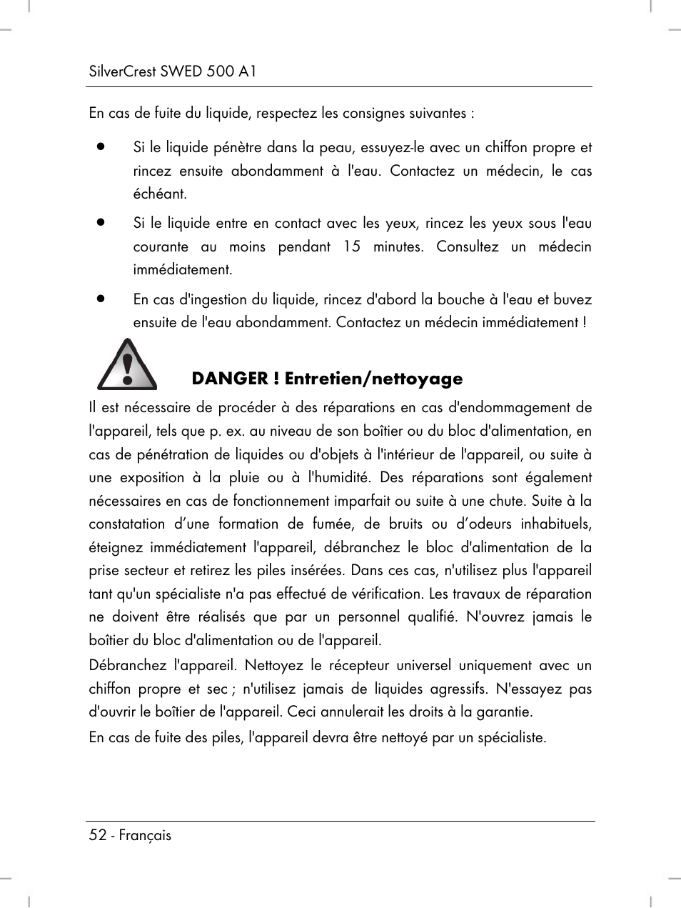 Danger ! entretien/nettoyage | Silvercrest SWED 500 A1 User Manual | Page 54 / 160