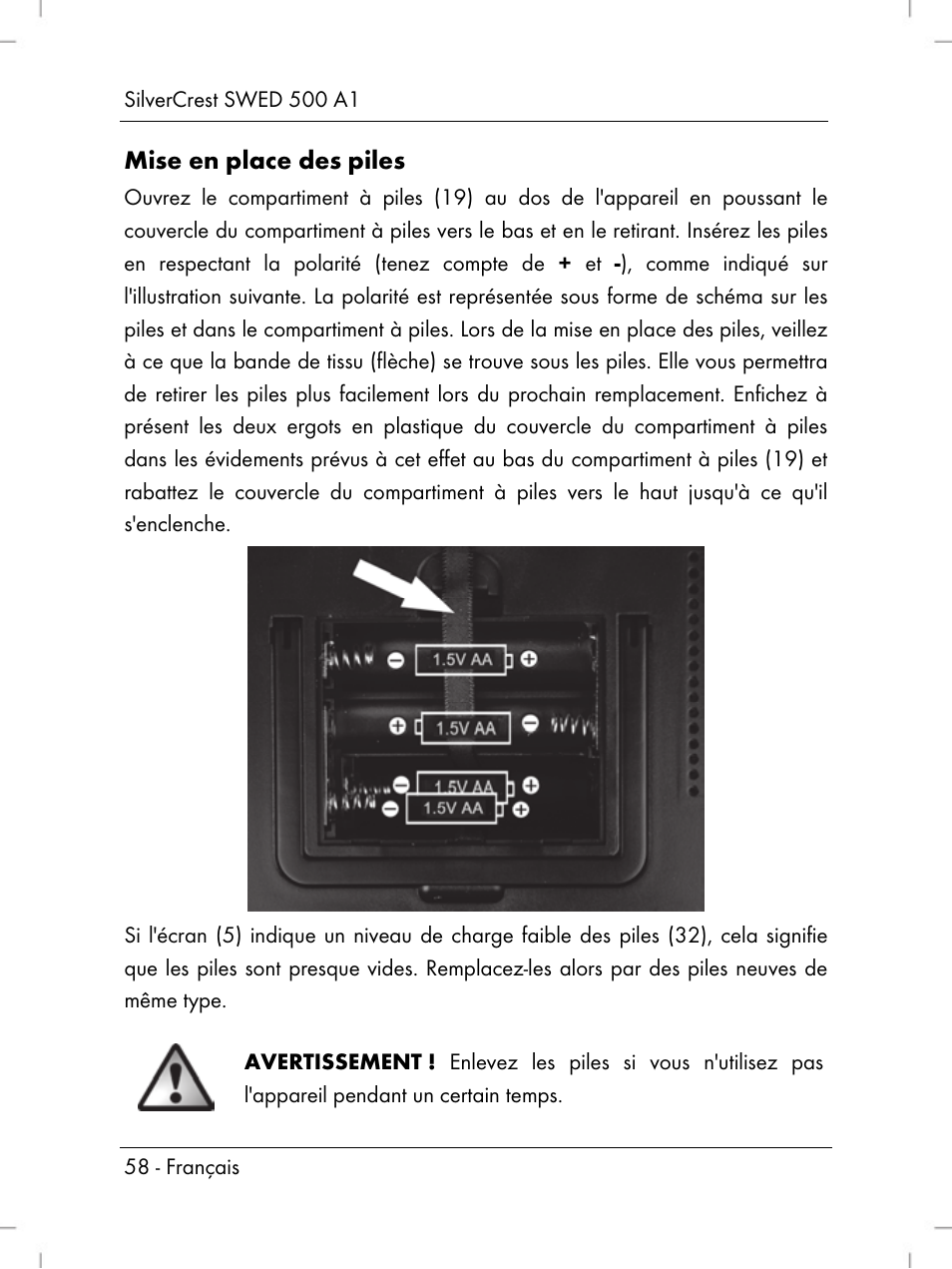 Mise en place des piles | Silvercrest SWED 500 A1 User Manual | Page 60 / 160