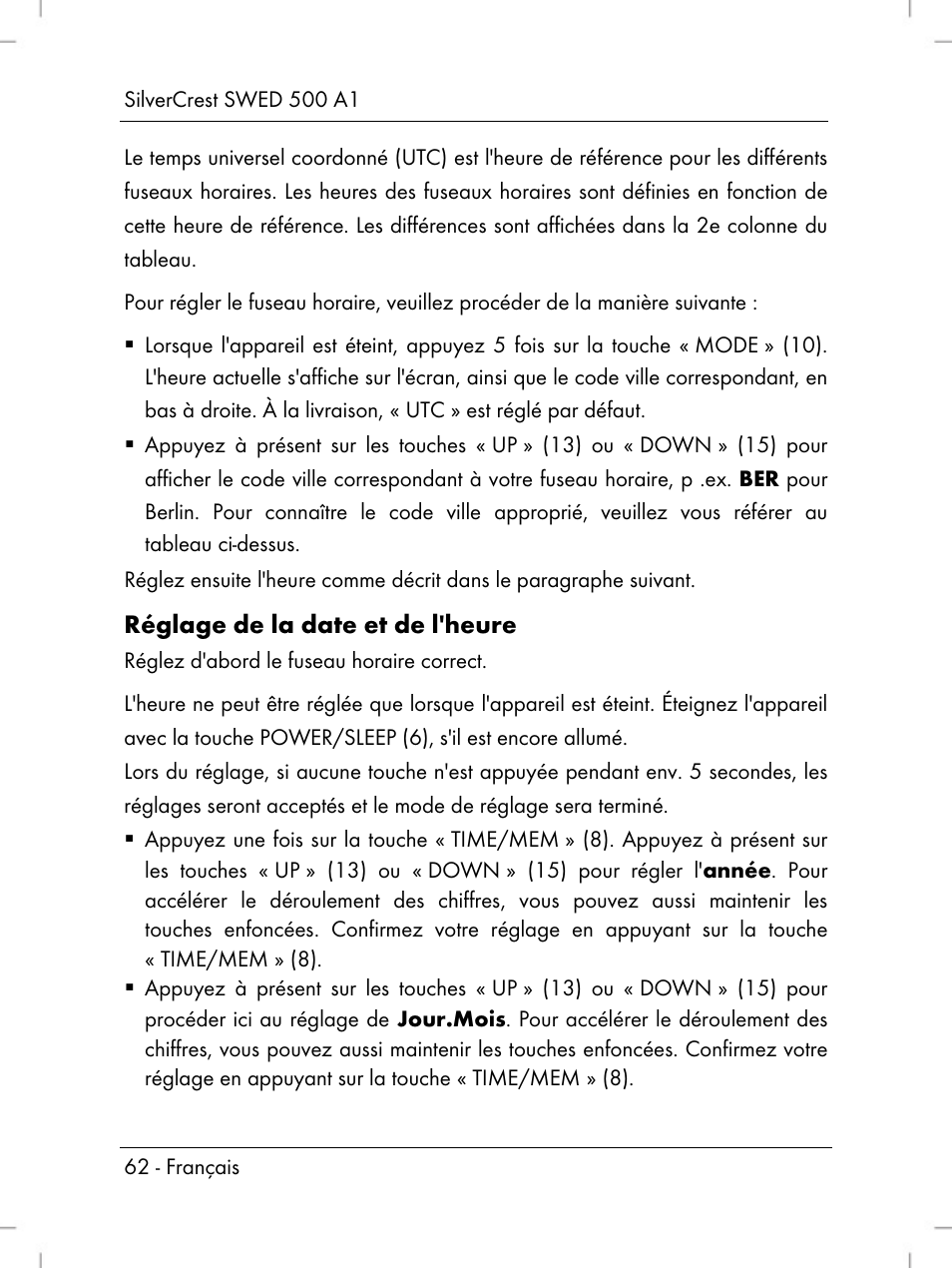 Réglage de la date et de l'heure | Silvercrest SWED 500 A1 User Manual | Page 64 / 160