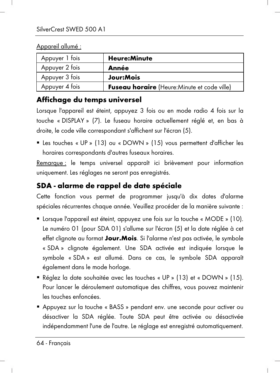 Affichage du temps universel, Sda - alarme de rappel de date spéciale | Silvercrest SWED 500 A1 User Manual | Page 66 / 160