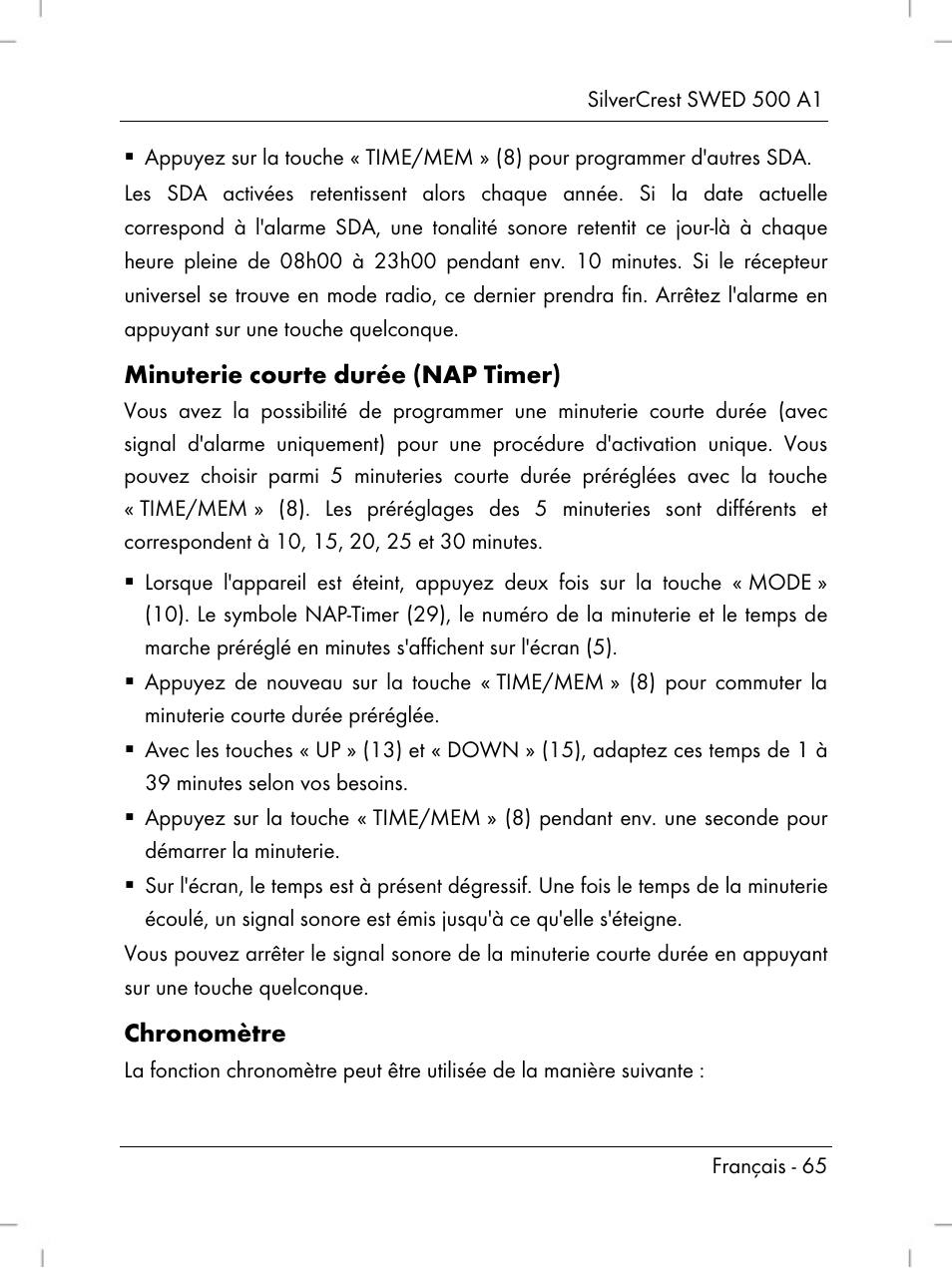 Minuterie courte durée (nap timer), Chronomètre | Silvercrest SWED 500 A1 User Manual | Page 67 / 160