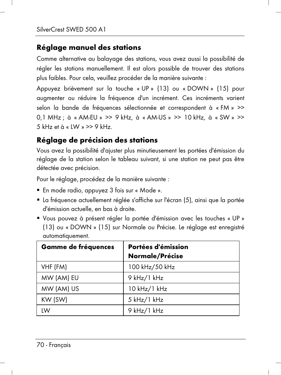 Réglage manuel des stations, Réglage de précision des stations | Silvercrest SWED 500 A1 User Manual | Page 72 / 160