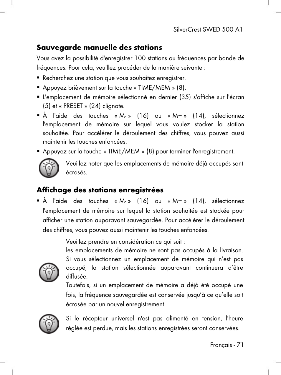 Sauvegarde manuelle des stations, Affichage des stations enregistrées | Silvercrest SWED 500 A1 User Manual | Page 73 / 160