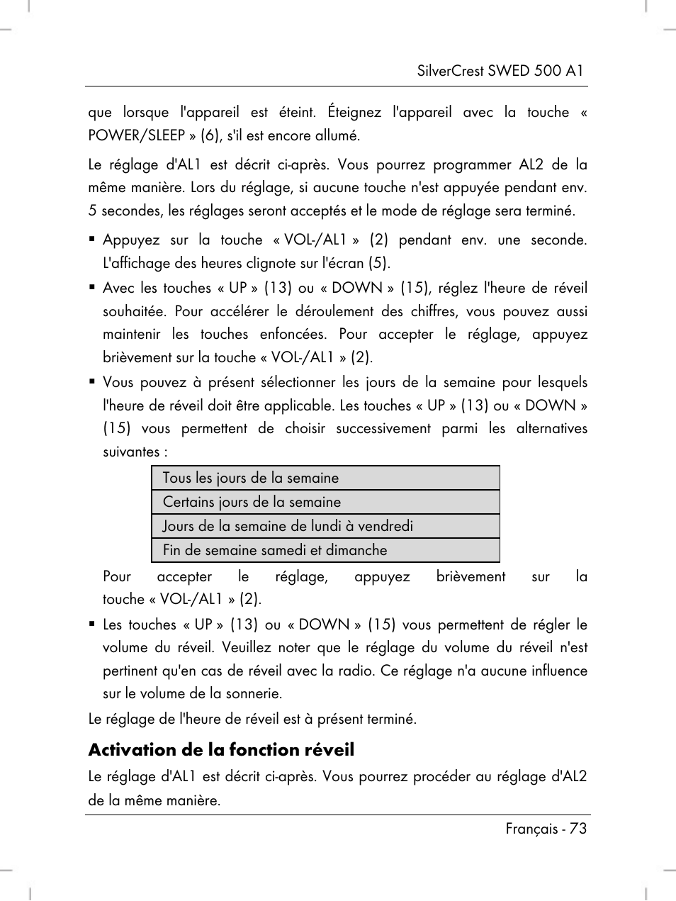 Activation de la fonction réveil | Silvercrest SWED 500 A1 User Manual | Page 75 / 160