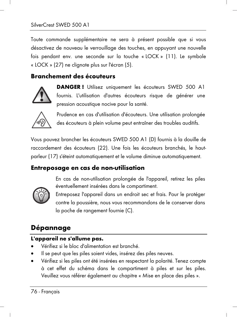 Dépannage | Silvercrest SWED 500 A1 User Manual | Page 78 / 160