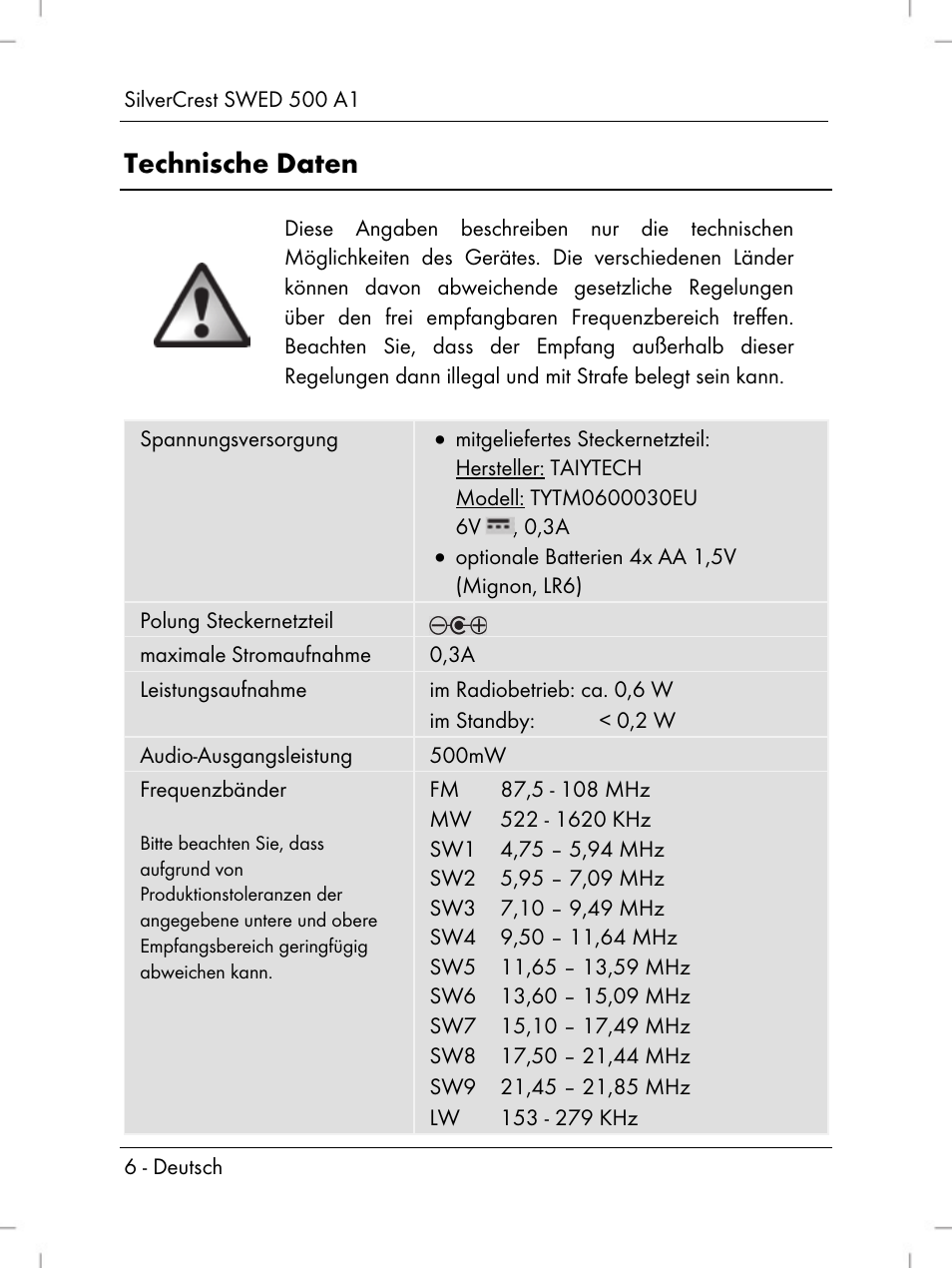 Technische daten | Silvercrest SWED 500 A1 User Manual | Page 8 / 160