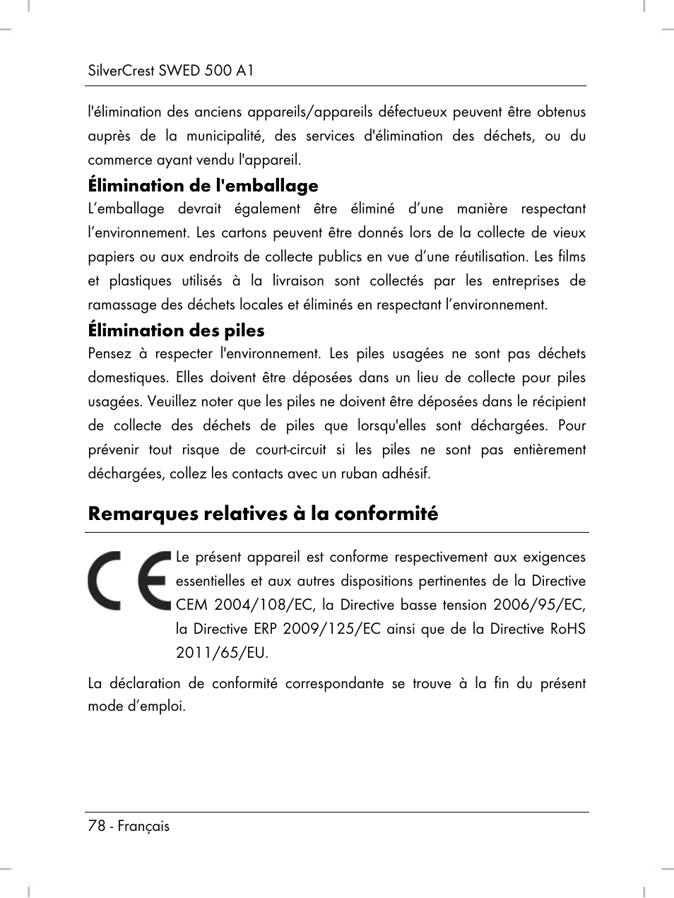 Remarques relatives à la conformité | Silvercrest SWED 500 A1 User Manual | Page 80 / 160