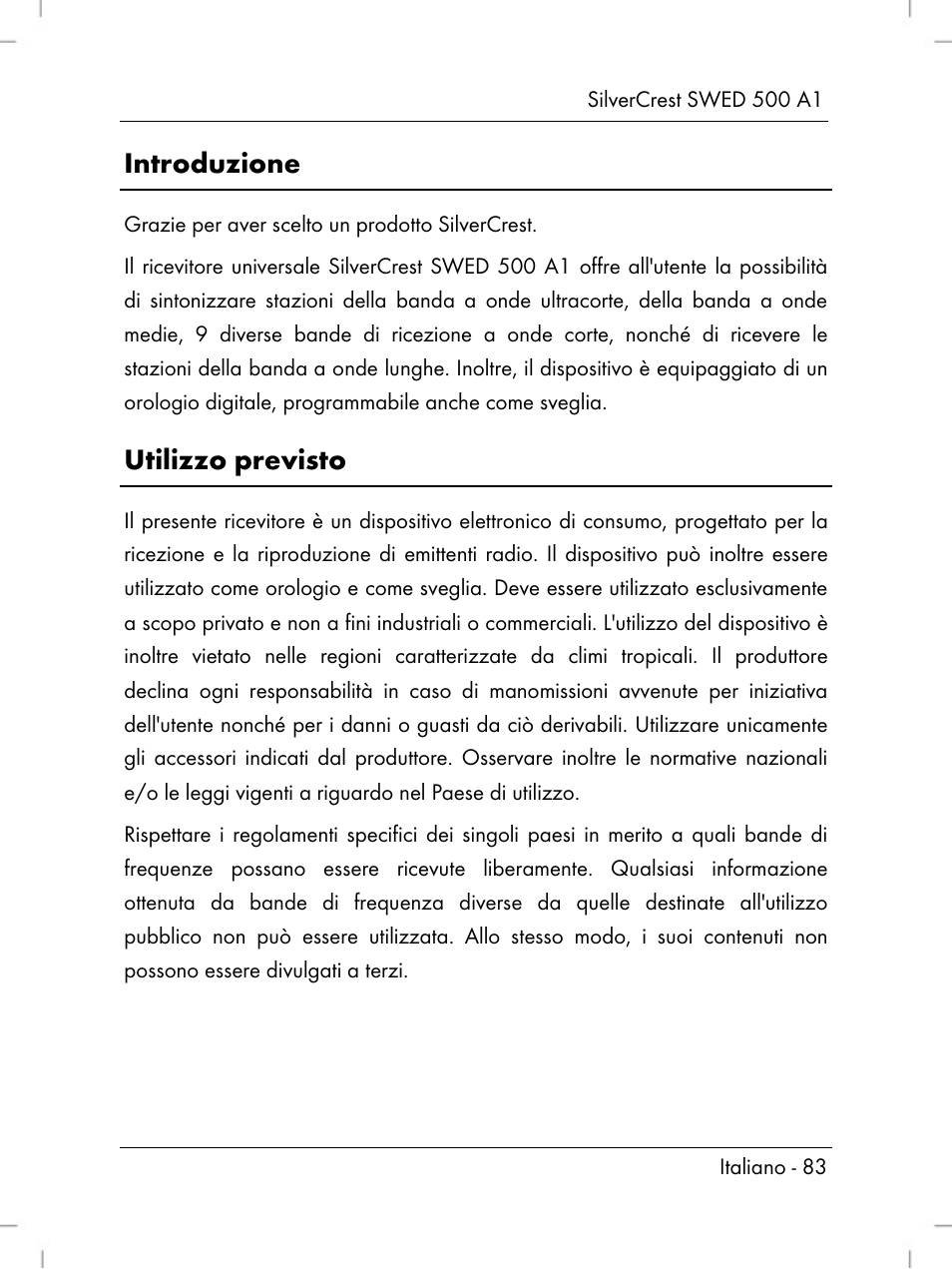 Introduzione, Utilizzo previsto | Silvercrest SWED 500 A1 User Manual | Page 85 / 160