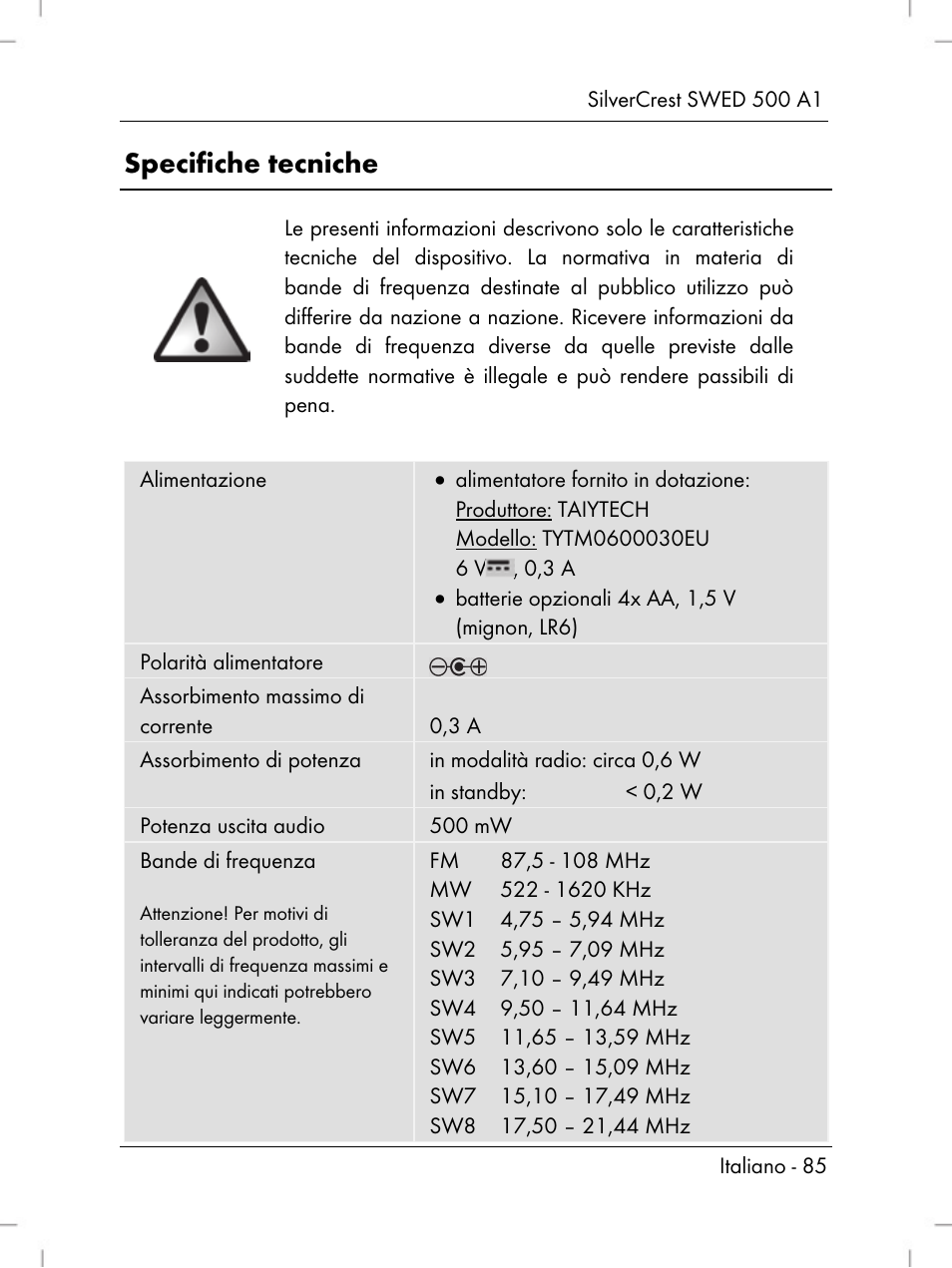 Specifiche tecniche | Silvercrest SWED 500 A1 User Manual | Page 87 / 160