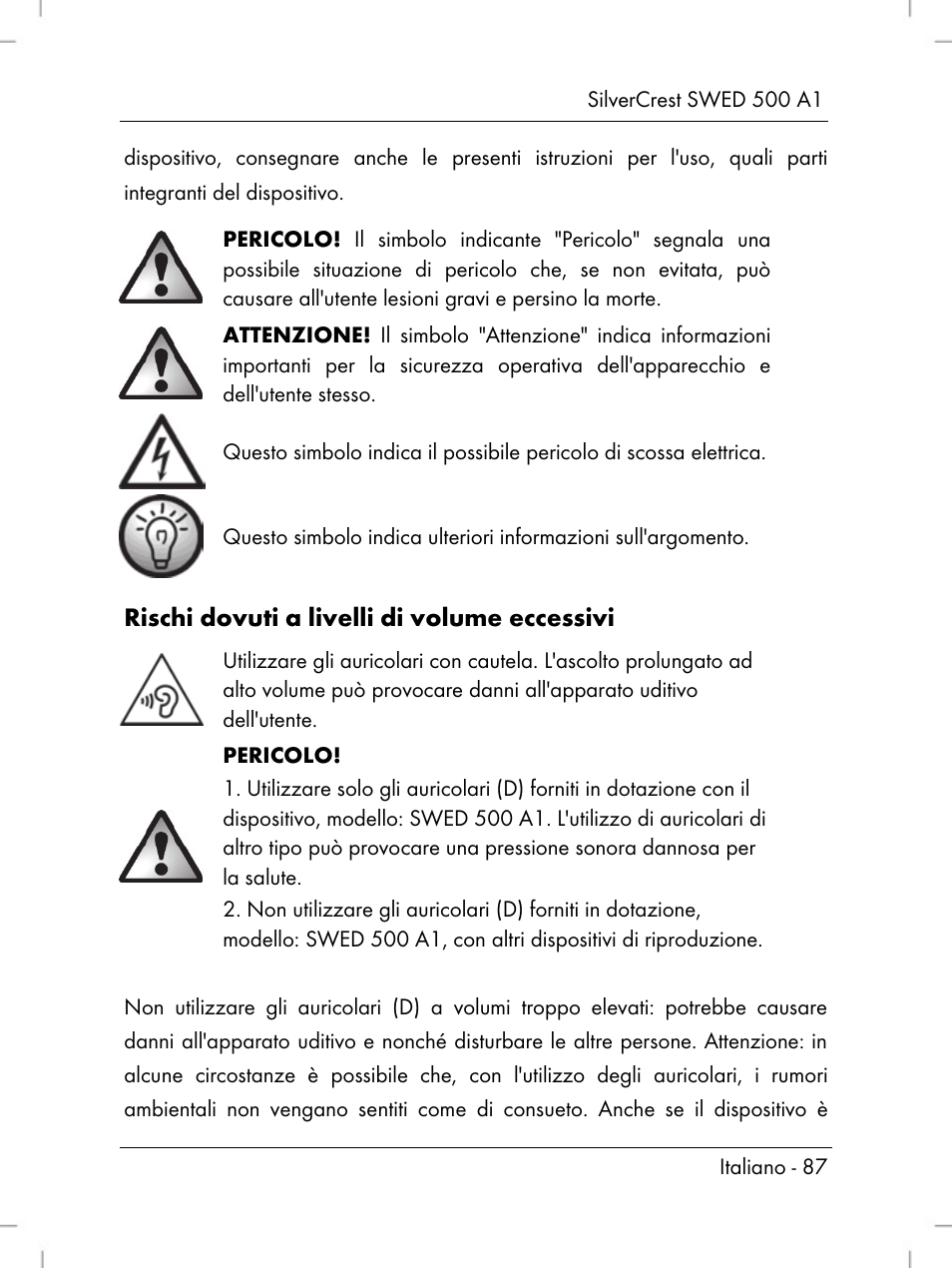 Rischi dovuti a livelli di volume eccessivi | Silvercrest SWED 500 A1 User Manual | Page 89 / 160